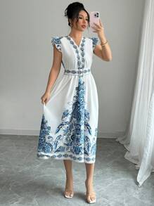 Breezaya Váy Maxi Không Tay Cổ Chữ V Ruffle Phong Cách Boho Mùa Hè Cho Nữ Có Họa Tiết Paisley - Nhiều màu - Xem 3