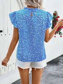 Chiquease Women's Ruffle Cap Sleeve Ditsy Floral Loose Shirt, Casual For Spring & Summer - Blue - View 2