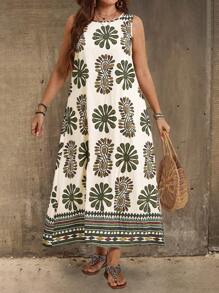 EMERY ROSE Abito da donna con stampa floreale, senza maniche, a collo tondo, per vacanze in campagna, taglie comode