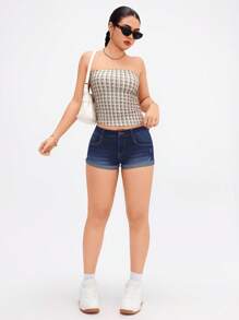 SHEIN EZwear Women Roll-Up Hem Pockets Casual Denim Shorts - Dark Wash - View 3