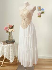 SHEIN MOD 1pc Women Neck Hanging Crochet Solid Color Casual Vacation Sleeveless Cover Up Top,Vacation Outfits Women For Summer