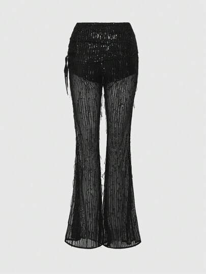 ROMWE Avant Pantalon évasé asymétrique vintage pour femme avec cordon de serrage latéral, paillettes scintillantes et franges. Style streetwear cool Y2K pour les fêtes d'été et les festivals de musique