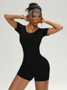Dewbera 女式无缝纯色露背紧身短袖连体裤运动服 - 黑色 - 查看 7