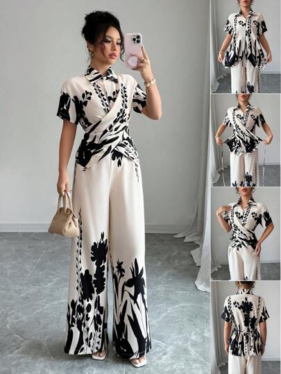 Chiquease 2 Pieces Set, Women Elegant Random Print Blouse And Wide Leg Pants