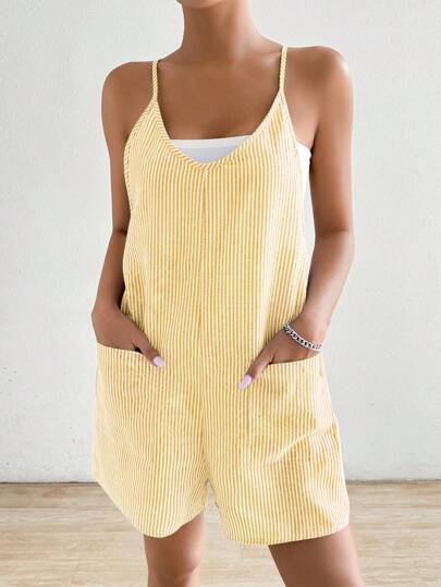 SHEIN EZwear 女式夏季条纹印花口袋休闲连体裤