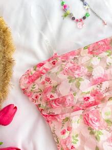 SHEIN Teengirl 红色碎花褶饰多层荷叶边下摆迷你连衣裙，配有可拆卸透明肩带，假日风格 - 紅色 - 查看 4