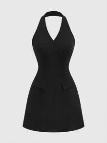 Flirla Plus Size Summer Solid Color Casual Sleeveless Halter Neck Dress - Black - View 1