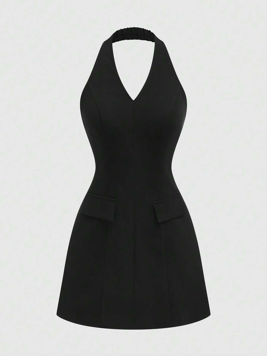 Flirla Plus Size Summer Solid Color Casual Sleeveless Halter Neck Dress - Black - View 1