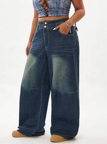 SHEIN ICON 大码休闲水洗猫须斜口袋宽松阔腿牛仔裤 - 霧霾藍 - 查看 3