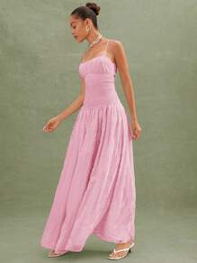 L'Amorae Vestido maxi fluido y smocked con detalles elegantes de encaje