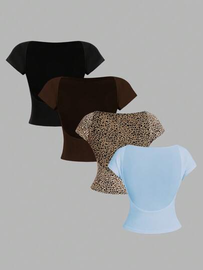 SHEIN Essnce 4pcs Set Women Solid Color Casual Crew Neck Tight Fit Backless Hollow T-Shirt, Versatile For Summer Suitable For Going Out