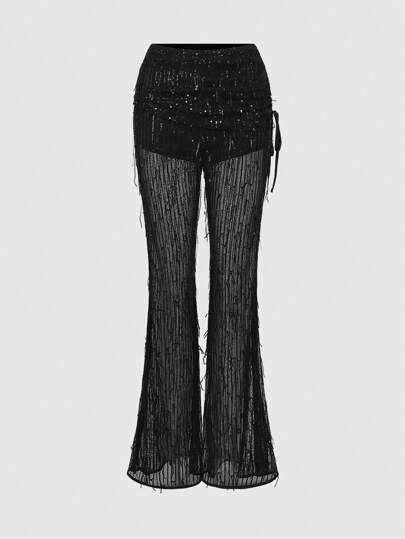 ROMWE Avant Pantalon évasé asymétrique vintage pour femme avec cordon de serrage latéral, paillettes scintillantes et franges. Style streetwear cool Y2K pour les fêtes d'été et les festivals de musique