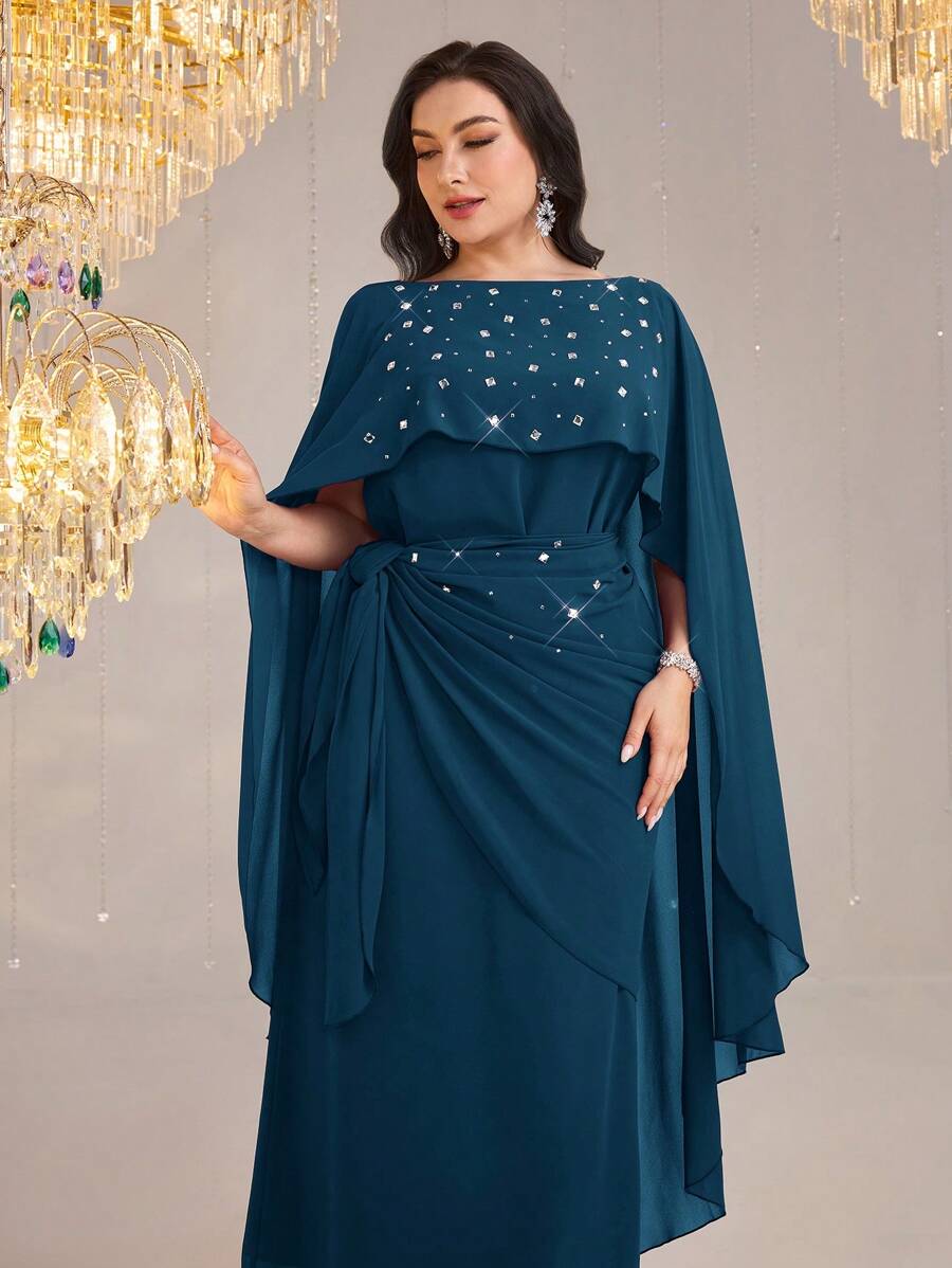 Modelyn Vestido elegante con remiendo de cristal, drapeado y volantes para mujer de talla grande - Agua verde azul - Ver 1