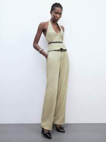 Maija Women's Light Green Summer Pants, Solid Color With Elastic Waist, Pockets, Double Belts, Straight And Loose Casual Fashion Everyday Wear, Suitable For Urban Commuting, Office And Formal Occasions - Green - View 6