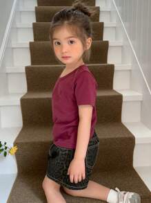 DAZY Young Girls Round Neck Embroidered Short Sleeve Knit Top, Summer - Purple - View 4