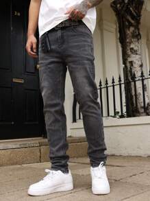 Manfinity Homme Men's Solid Color Casual Denim Jeans, Suitable For Summer - Black and White - View 5