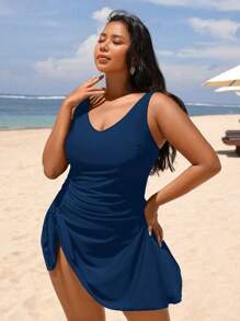 Swim Lushoire 1pc Plus Size One-Piece Swimsuit, Solid Color, Fashionable, Suitable For Summer - Teal Blue - View 4