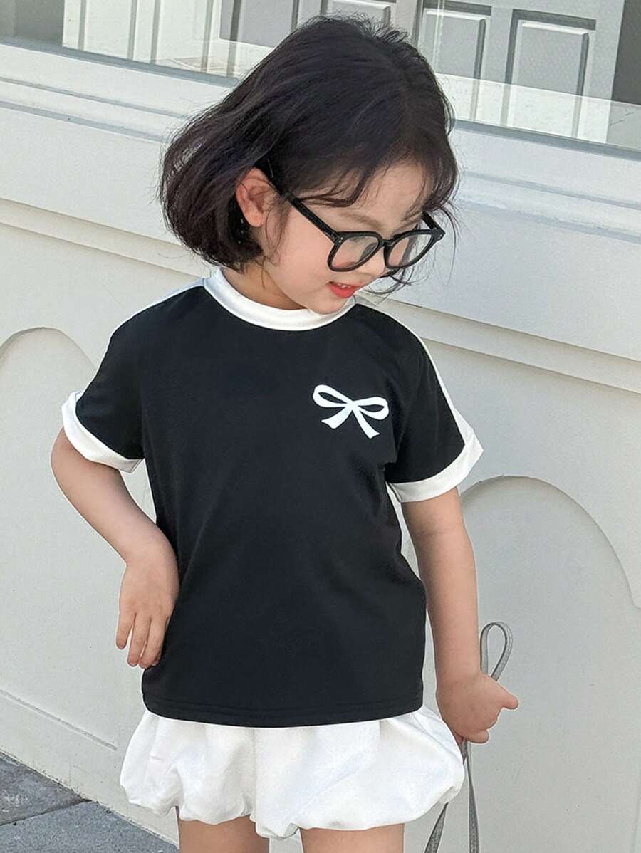 SHEIN Little Byeori Young Girls Casual Short Sleeve T-Shirt And Ruffle Shorts 2-Piece Set - Black and White - View 1