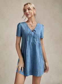 Wildy 女式中长纯色V领短袖连衣裙，夏季时尚 - 淺色水洗藍 - 查看 4