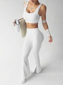 Eassivo Eassivo Women's Solid Color High Waist Split Hem Flare Sports Pants - White - View 8