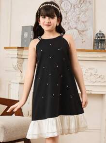 SHEIN Tween Girl' Beaded Pearl Decor Elegant Princess Ruffle Hem Dress - Multicolor - View 1