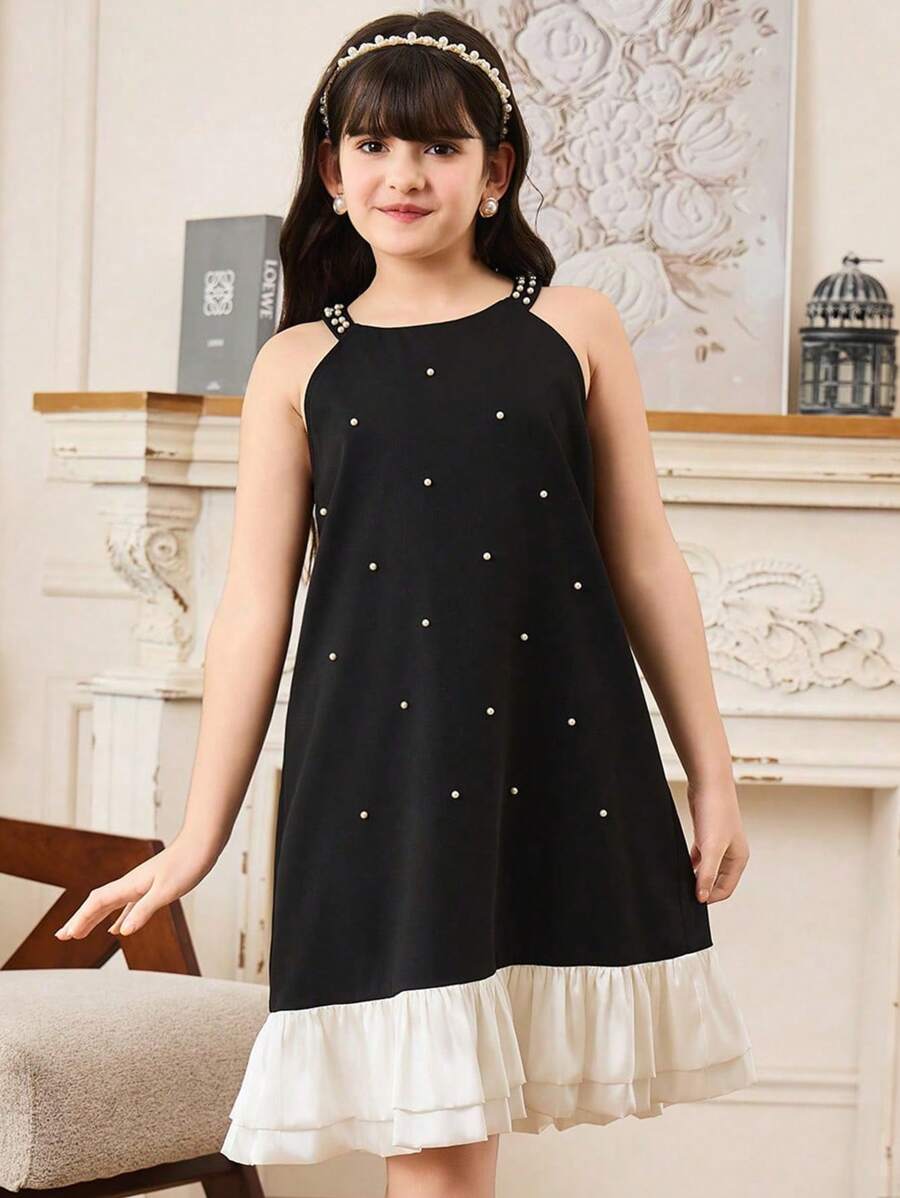 SHEIN Tween Girl' Beaded Pearl Decor Elegant Princess Ruffle Hem Dress - Multicolor - View 1