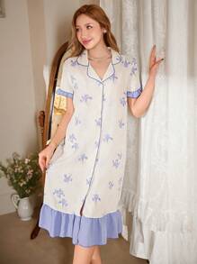 CottageSlumber Country Romantic Ditsy Floral Color Block Turndown Collar Ruffle Hem Women Nightgown Babydoll PerfectSummer - Blue - View 6