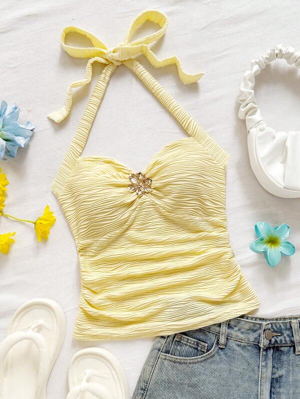 Soleia Vacation Halter Tie Neck Floral Metal Buckle Yellow Knit Textured Fitted Women's Tank Top, Suitable For Vacation, Music Festival, Boho, Holiday Date, Afternoon Tea , Summer Clothes Women
