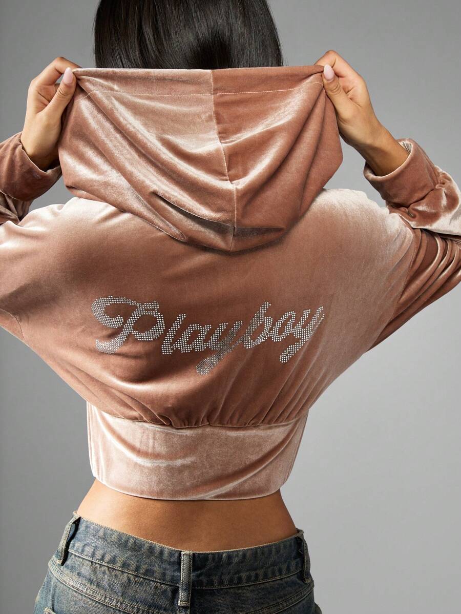 Missguided x Playboy Velour Track Top Cropped Zip-Up Jacket With Hood Premium Streetwear Loungewear Fall Winter Collection - Baby Pink - View 1