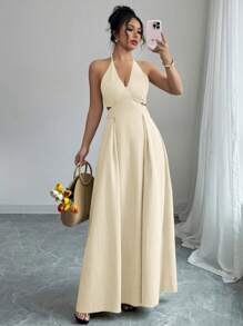 Elenzga Vestido de unicolor con escote en V profundo, espalda descubierta y cordones, estilo vacacional de verano - Albaricoque - Ver 3