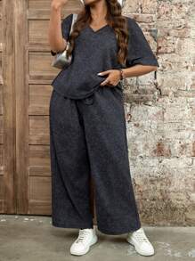 SHEIN LUNE Plus Size Women V-Neck Short Sleeve T-Shirt And Pants 2 Pieces Casual Loose Suit Summer Outfits For Women Two Pieces Set Women Summer New Design Summer Outfits For Women - Dark Grey - View 8