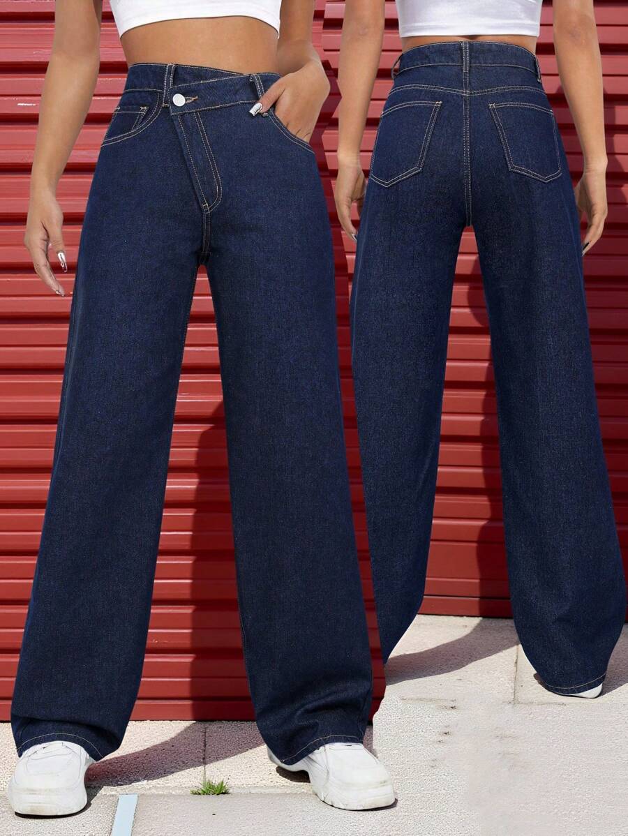 SHEIN Straight Leg Front Button Pocket Casual Jeans - Dark Wash - View 1