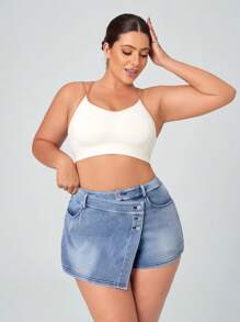 SHEIN Essnce Plus Size Casual Washed Wrap With Diagonal Pocket Denim Skort, Summer - Blue - View 6