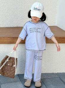 Young Girl Knitted Letter Printed Loose Fit Round Neck Pullover T-Shirt And Knitted Leeging Set, Casual Everyday Wear, Great For Casual & Daily Wear & School Daily ,