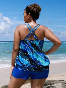 Swim Lushoire Plus Size Marble Print Tankini Style Bikini Top For Vacation For Summer - Multicolor - View 2