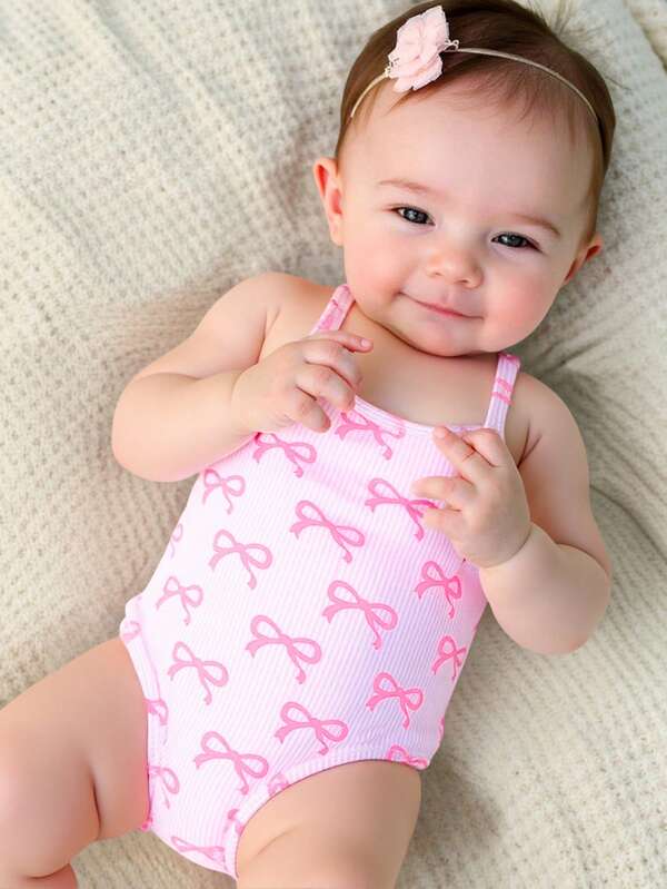Newborn Girls Cute Bow Print Adjustable Strap One-Piece Swimsuit