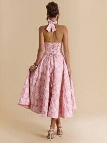 SHEIN BAE Spring Summer Solid Pink Textured Jacquard Elegant Dress, Suitable For Daily Dating, Parties, Gatherings, Weddings, Vacations, Beaches, Music Festivals, Birthdays, Brunches - Princess Style With Bow - Pink - View 2