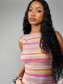 MISSGUIDED Váy ngắn không tay kẻ sọc họa tiết bãi biển đan móc cho kỳ nghỉ hè, mặc đi biển, tiệc hồ bơi, váy liền thân thời trang - Nhiều màu - Xem 5