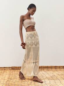 Maija Women's Summer Vacation Hollow Out Knitted Drawstring Waist Sweater Skirt - Khaki - View 6