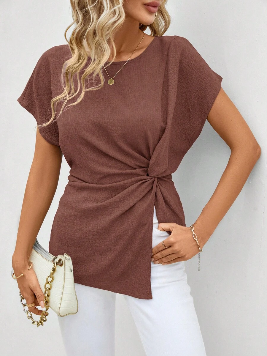 SHEIN Clasi Women's Asymmetric Hem Twist Texture Blouse Brown - Brown - View 1