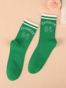 Bat Sada 1 Pair Brooklyn Pattern Athletic Style English Jacquard Mid-Calf Socks For Women - Green - View 1