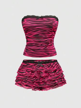 J-Fashion Y2K Baddie Pink Zebra Print Mesh Ruffle Shorts 2 Pieces Set For Women