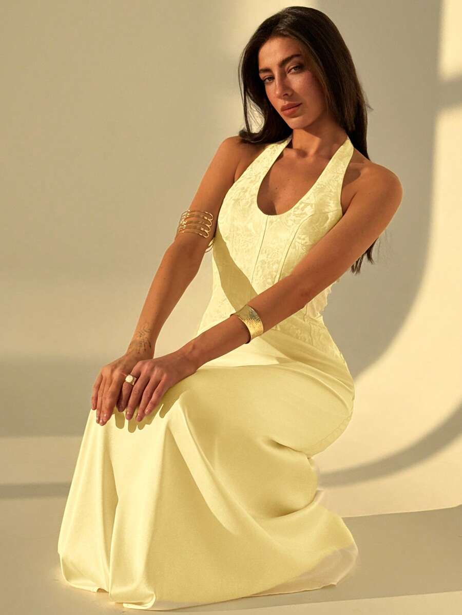 Aloruh Halter Tie-Up Deep V Sleeveless Bodycon Lace Patchwork Color-Block Dress For Women,Graduation Dresses,Butter Yellow Dress - Yellow - View 1