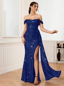 SHEIN Belle 皇家蓝色女式露肩高开衩亮片晚礼服，女士派对礼服，女士礼服，女士正式长裙，女士正式礼服，婚礼宾客礼服，女士高档服装，女士优雅礼服， - 寶藍色 - 查看 1