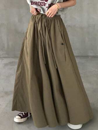 FRIFUL Women's Drawstring Waist Flared A-Line Skirt, Perfect For Airport