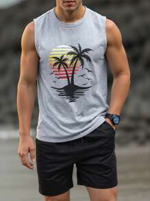 Manfinity Homme Men's Solid Color Tank Top & Shorts Set, Casual Daily Outfit, Vacation - Light Grey - View 1