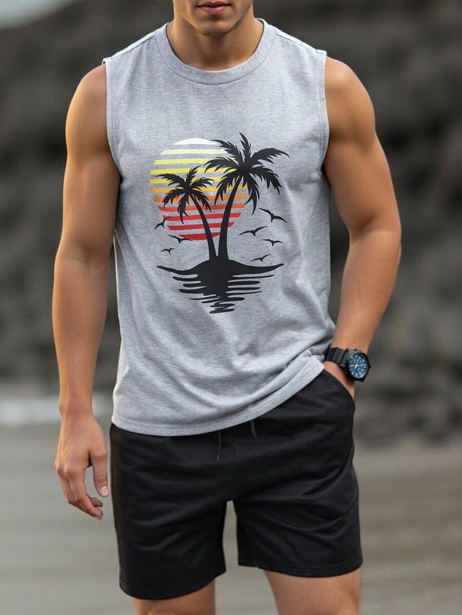 Manfinity Homme Men's Solid Color Tank Top & Shorts Set, Casual Daily Outfit, Vacation - Light Grey - View 1