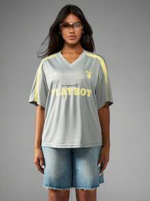 Missguided x Playboy Áo thun thể thao Jersey cỡ lớn phong cách thể thao đường phố cổ điển Varsity Bunny Logo đồ mặc ở nhà thường ngày phong cách bóng chày áo thun thể thao giải trí - Xám - Xem 6