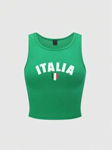 Flirla Women Y2K Style Green Italian Flag Pattern Cropped Tank Top - Green - View 3