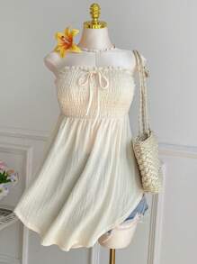 Comfortcana Plus Size Lace Hollow-Out Jacquard Tie Front Asymmetrical Hem Tube Top, Suitable For Spring And Summer